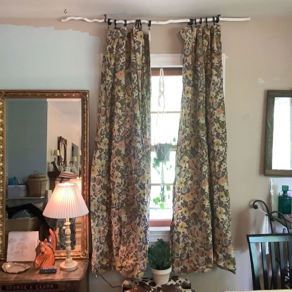 Vintage 60’s 70’s Cream Brown Orange Yellow Green Drapes Curtains 10 Pieces